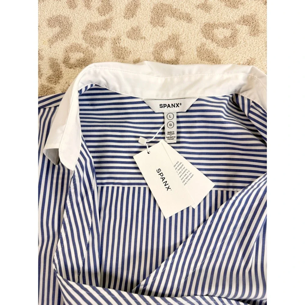 NWT SPANX The Best Stretch Cotton Poplin Wrap Shirtdress Blue White‎ Stripe L